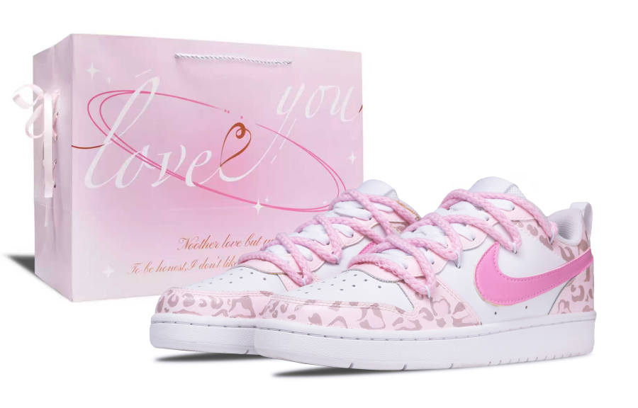 Nike Nike Court Borough Pink Leopard Sweetheart Leather Slip Resistant Abrasion Resistant Low top Kids' Skateboarding Shoes