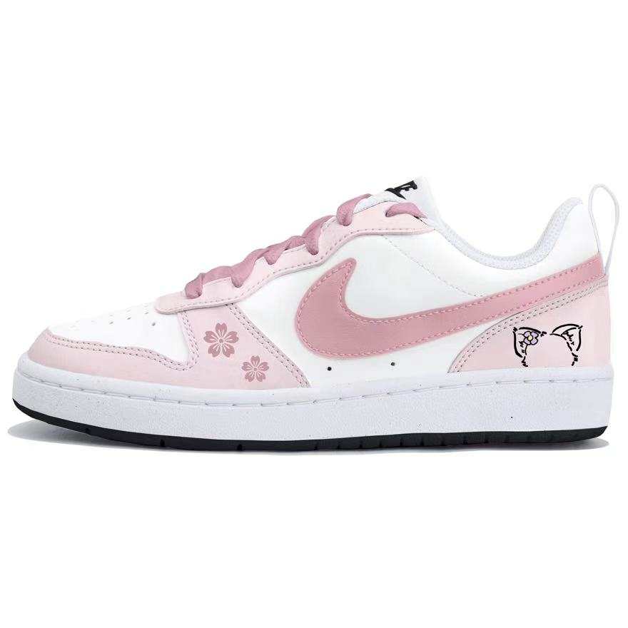 Nike Nike Court Borough Pink Cherry Blossom Cat Print Synthetic Leather Low top Skateboard Shoes White Pink Kids'