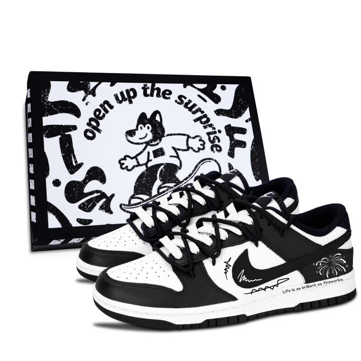 Nike Nike Dunk Black White, Firework Radiant Leather Slip Resistant, Abrasion Resistant, Lightweight Cushioning