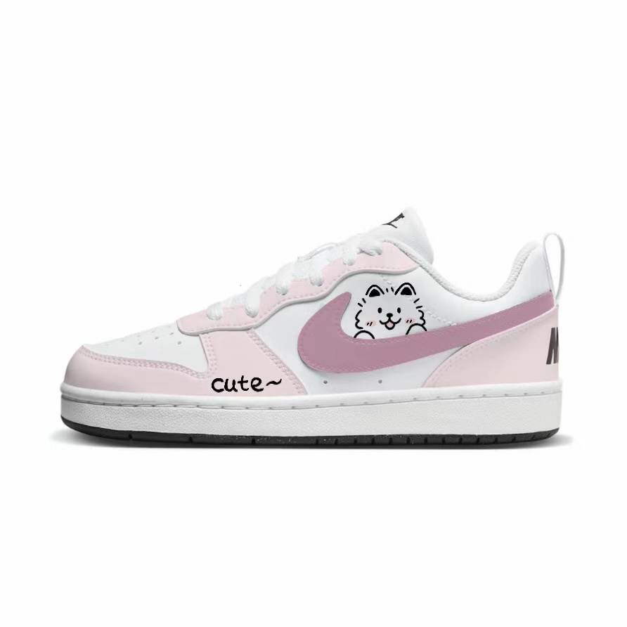 Nike Nike Court Borough Sweet Cat Pink Print Synthetic Leather Low top Skateboard Shoes White Kids'