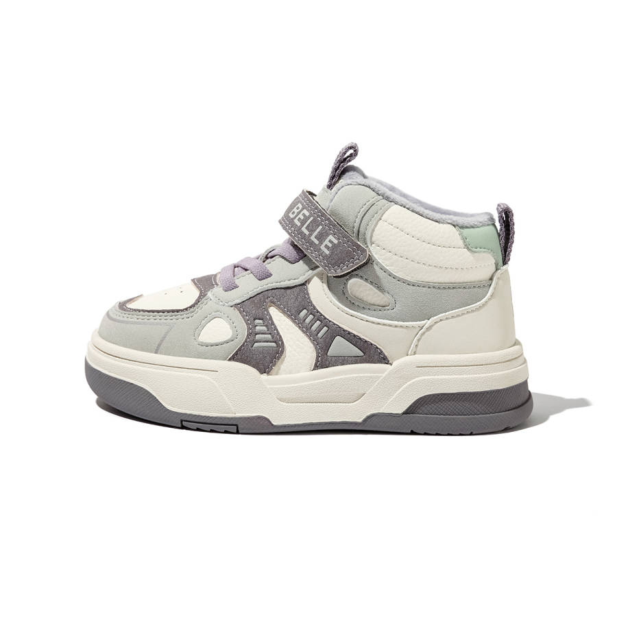 BELLE Synthetic Leather, Textile Fleece Lined Comfortable Sports Mid top Kids Lifestyle Shoes Beige Gray Kids