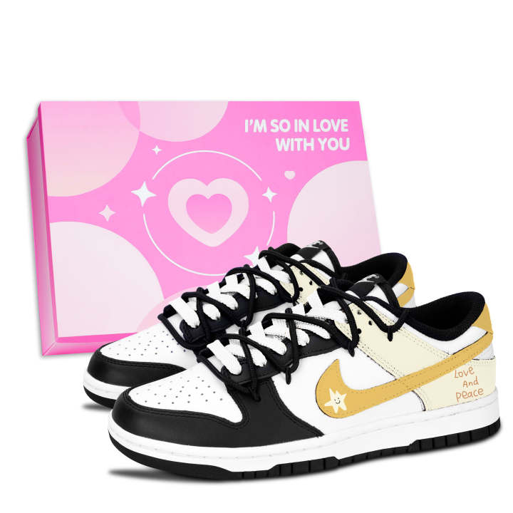 Nike Nike Dunk Black White, Peace And Love Leather Slip Resistant, Abrasion Resistant, Lightweight Cushioning