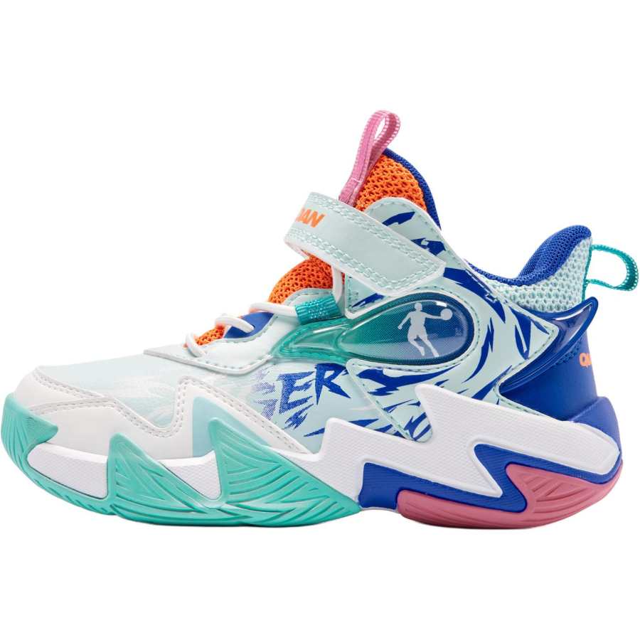 QIAODAN Slip Resistant Abrasion Resistant Mid top Children's Basketball Shoes White Blue Children Aged 3 7 Years Old