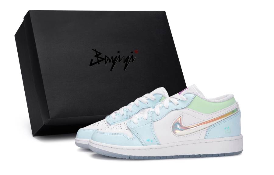 Jordan Jordan Air Jordan 1 Low SE Abrasion Resistant Abrasion Resistant Low top Children's Basketball Shoes White Blue Green