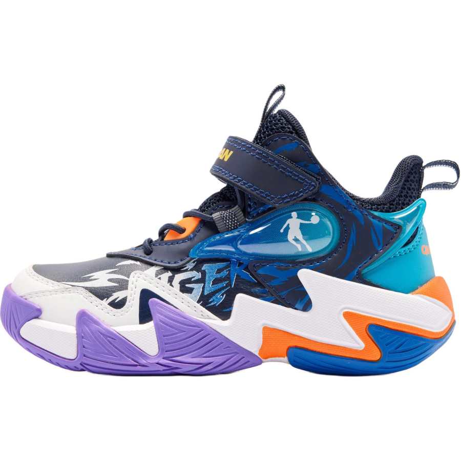 QIAODAN Slip Resistant Abrasion Resistant Mid top Children's Basketball Shoes Black Blue Children Aged 3 7 Years Old