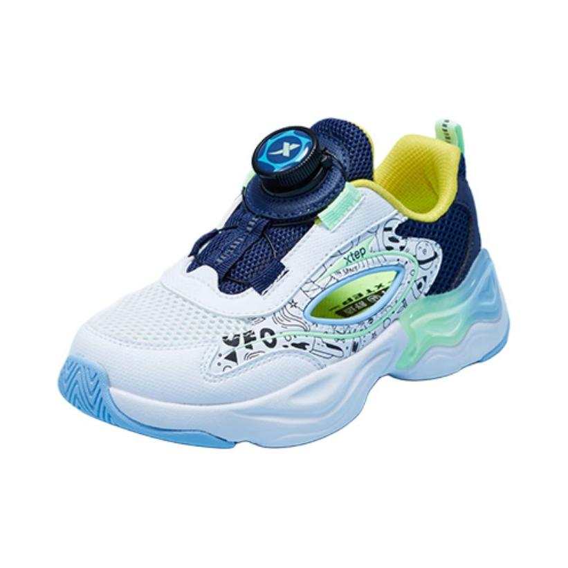 XTEP Fabric Abrasion Resistant Breathable Low top Kids' Running Shoes White Blue Children Aged 3 7 Years Old