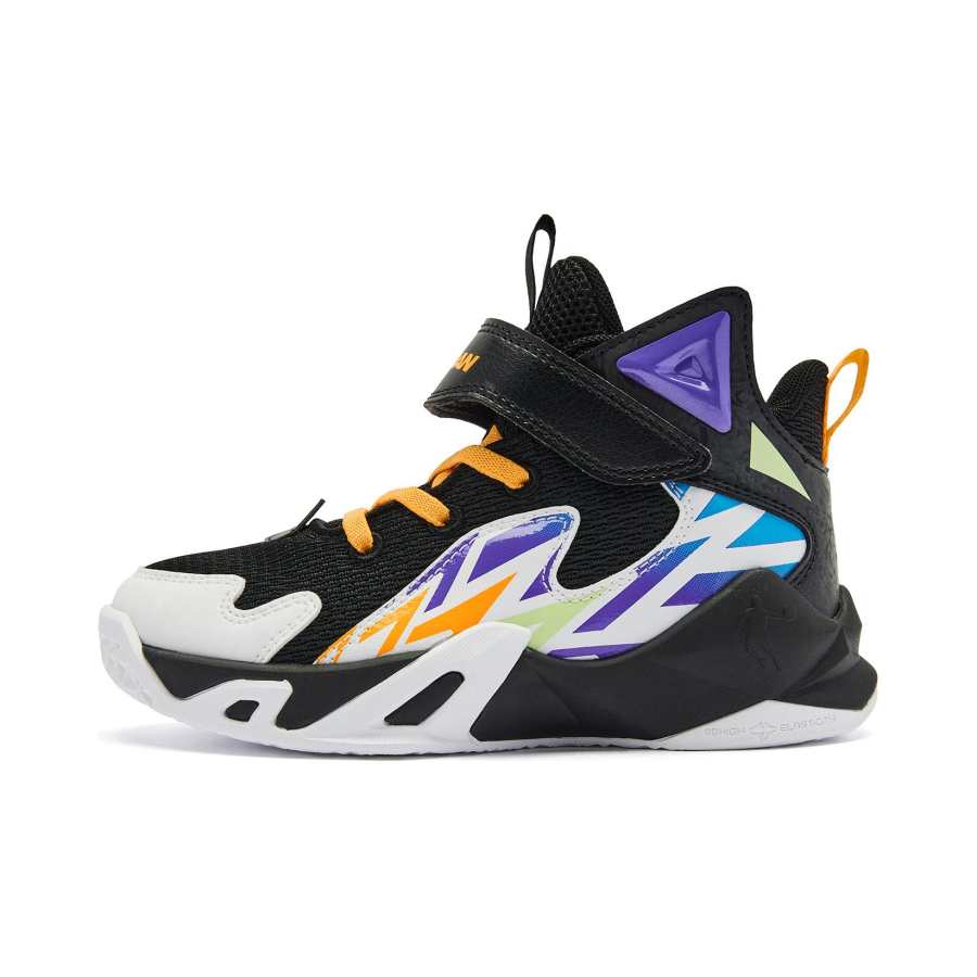 QIAODAN Mesh Slip Resistant Abrasion Resistant Mid top Children's Basketball Shoes Black Purple
