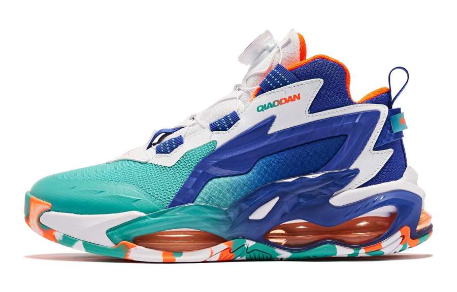QIAODAN Canglong 5 Slip Resistant Cushioning Abrasion Resistant High top Basketball Shoes Blue Green Orange Teenagers