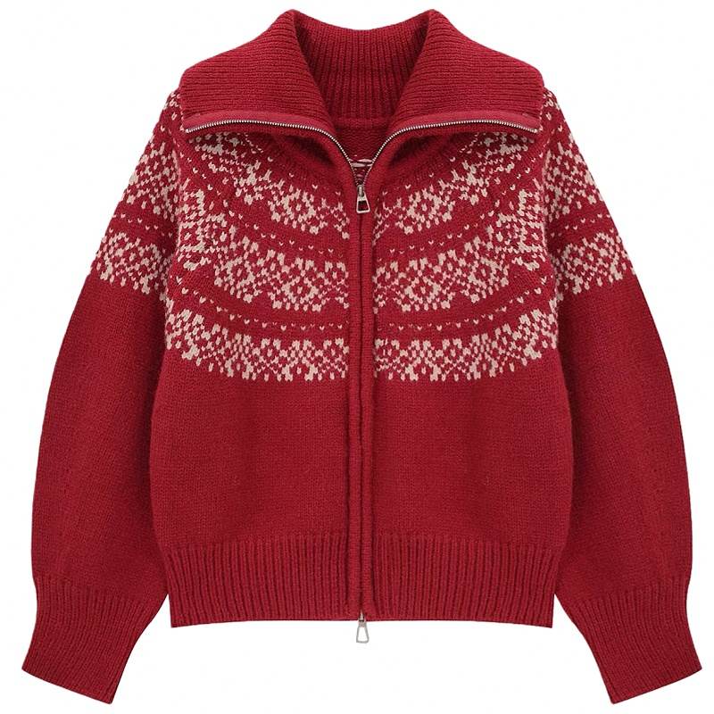 Cotton Gene Knitwear Women's New Year Red Lapel Thickened