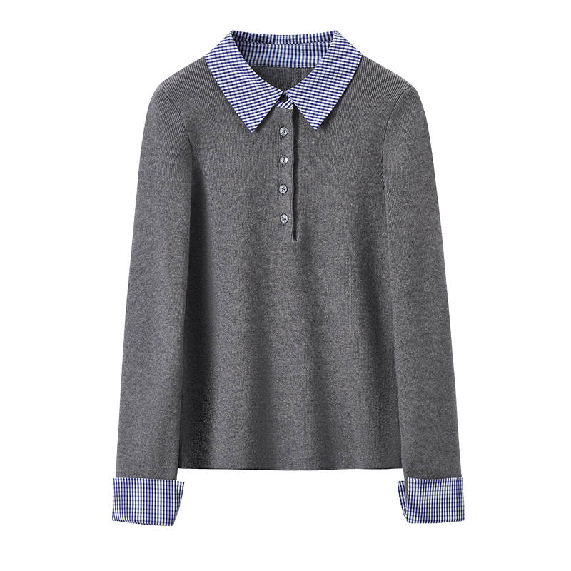 XIANGYING Knitwear Women's Medium Gray Polo Collar Moderate Mock Two Piece