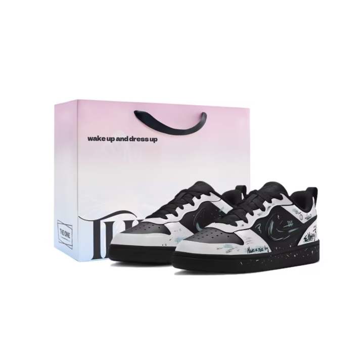 Nike Nike Court Borough Leather Slip Resistant Cushioning Low top Skateboard Shoes Black White Kids'