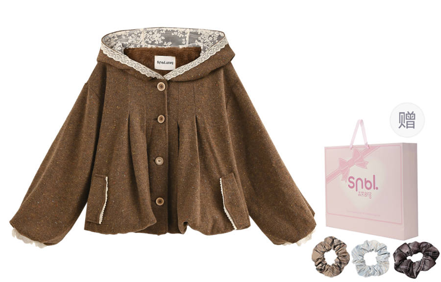 SNBL Sweet Style 25% Sheep Wool Hoodie Top Lace Patchwork Texture Shimmer Vintage Effortless Style Fleece Lined