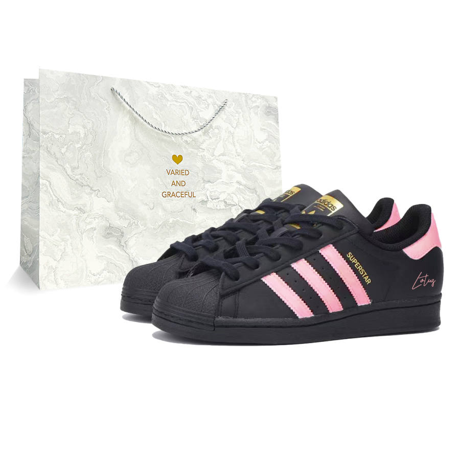 Adidas Originals Superstar J Abrasion Resistant Low top Kids' Skateboarding Shoes Black Pink Teenagers
