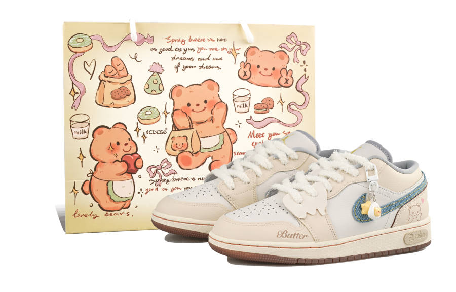 Jordan Jordan Air Jordan 1 RISK Butter Bear Leather Cushioning, Wear Resistant Low top Children's Basketball Shoes Custard