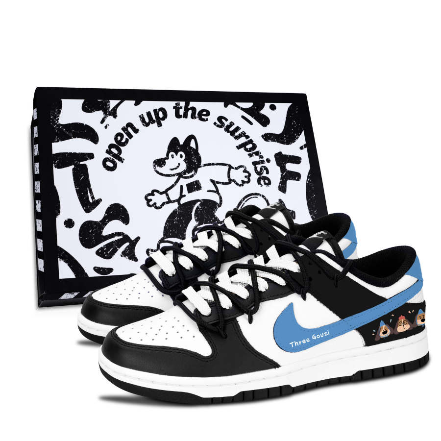 Nike Nike Dunk Black White, Three Dogs Fun Illustration Leather Slip Resistant, Abrasion Resistant, Lightweight Cushioning