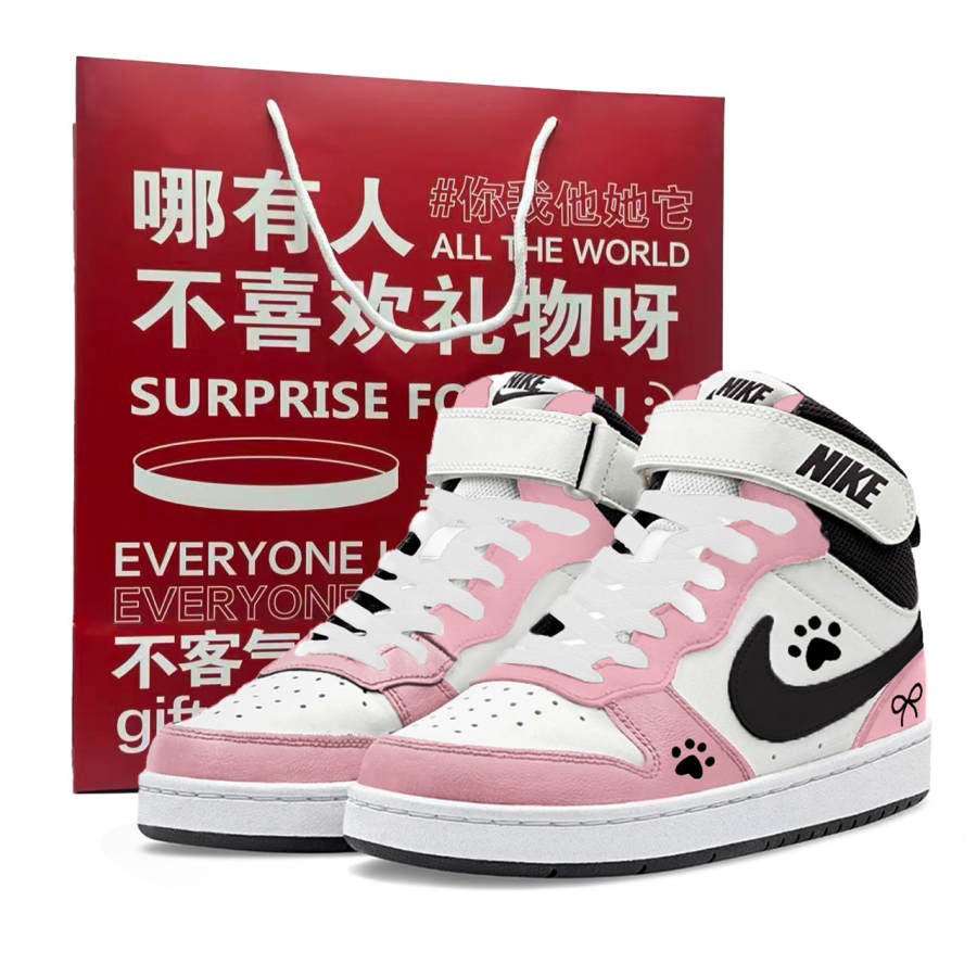 Nike Nike Court Borough 2 Sweet Pink Cat Paw Leather Slip Resistant Abrasion Resistant High top Kids' Skateboarding Shoes