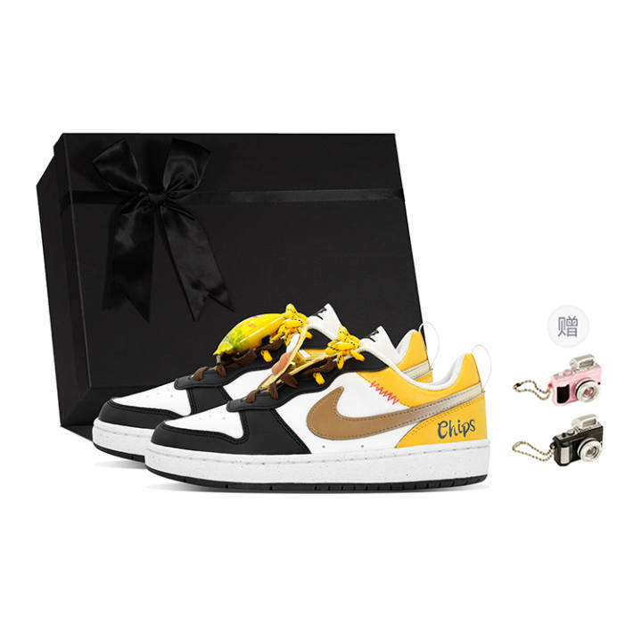 Nike Nike Court Borough DEER Leather Slip Resistant Abrasion Resistant Low top Kids' Skateboarding Shoes Black White Yellow