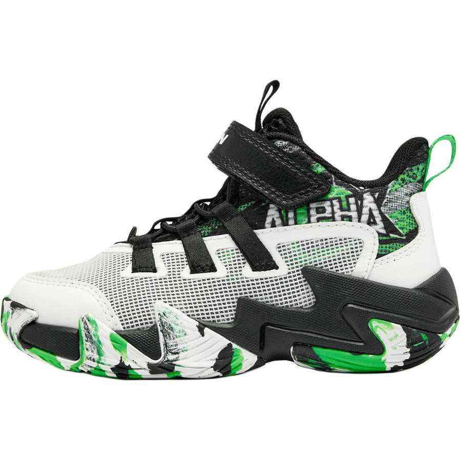 QIAODAN Anti Kick And Abrasion Resistant Mid top Children's Basketball Shoes Black White Green