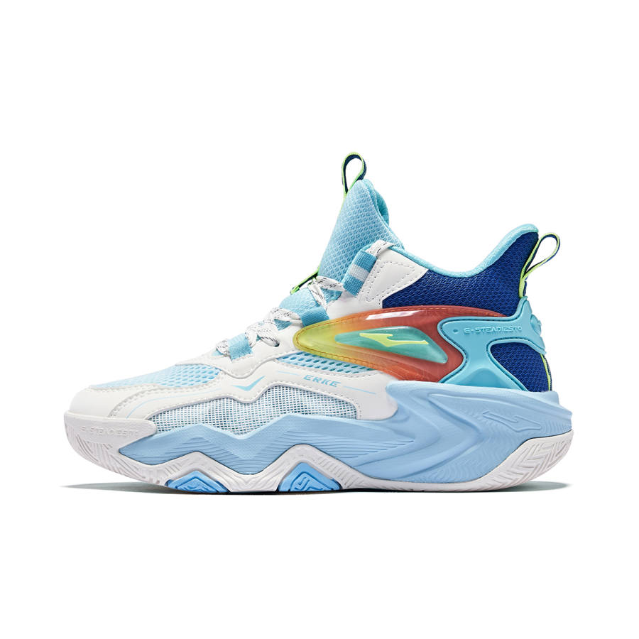 ERKE KIDS PU, Textile, Synthetic Leather High top Basketball Shoes Seaside Blue/Microcrystal White Teenagers