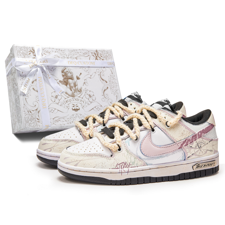 Nike Nike Dunk Black Leather Slip Resistant Cushioning Low top Skateboard Shoes Pink White Kids'
