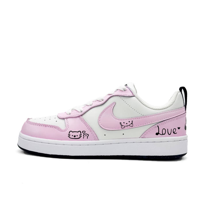 Nike Nike Court Borough Pink White Bear Synthetic Leather Print Abrasion Resistant Breathable Slip Resistant Low top
