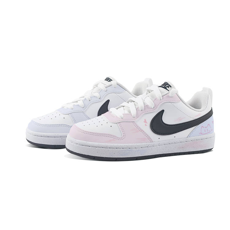 Nike Nike Court Borough Blue Pink Mismatched Kitten Synthetic Leather Low top Kids' Skateboarding Shoes White