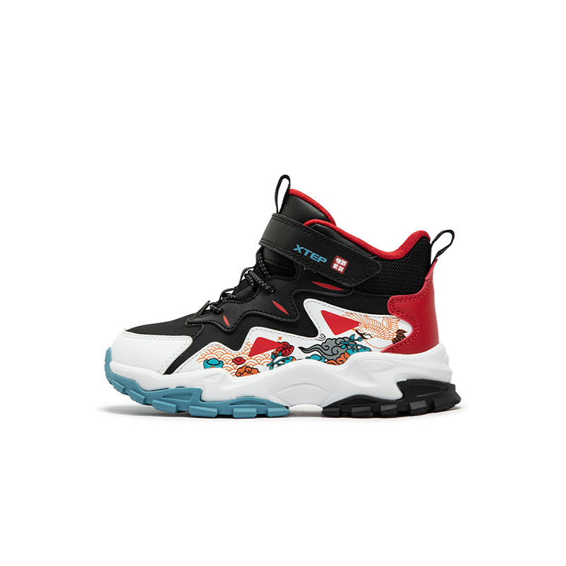 XTEP Wear-Resistant Support High-Top Kids Lifestyle Shoes Black T-Step White Challenge Red Children Aged 3-7 Years Old