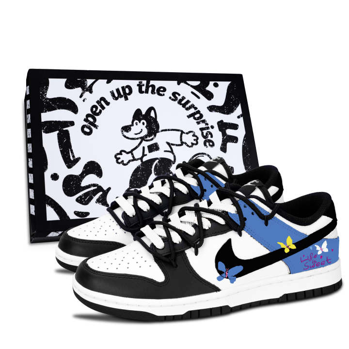 Nike Nike Dunk Black White, Butterfly Sweet Blue Leather Slip Resistant Abrasion Resistant Slip Resistant Abrasion Resistant
