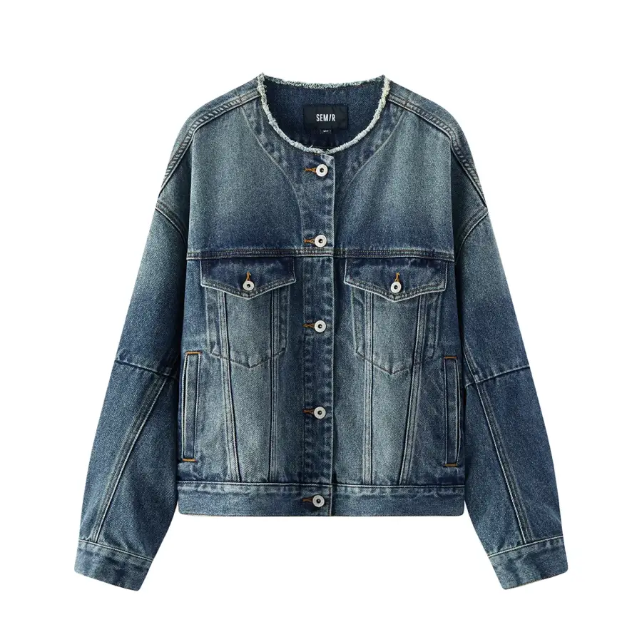 Semir Mall Same Style Women's Apparel Denim Jackets Women's Denim Dark Blue 88301 Crew Neck Moderate