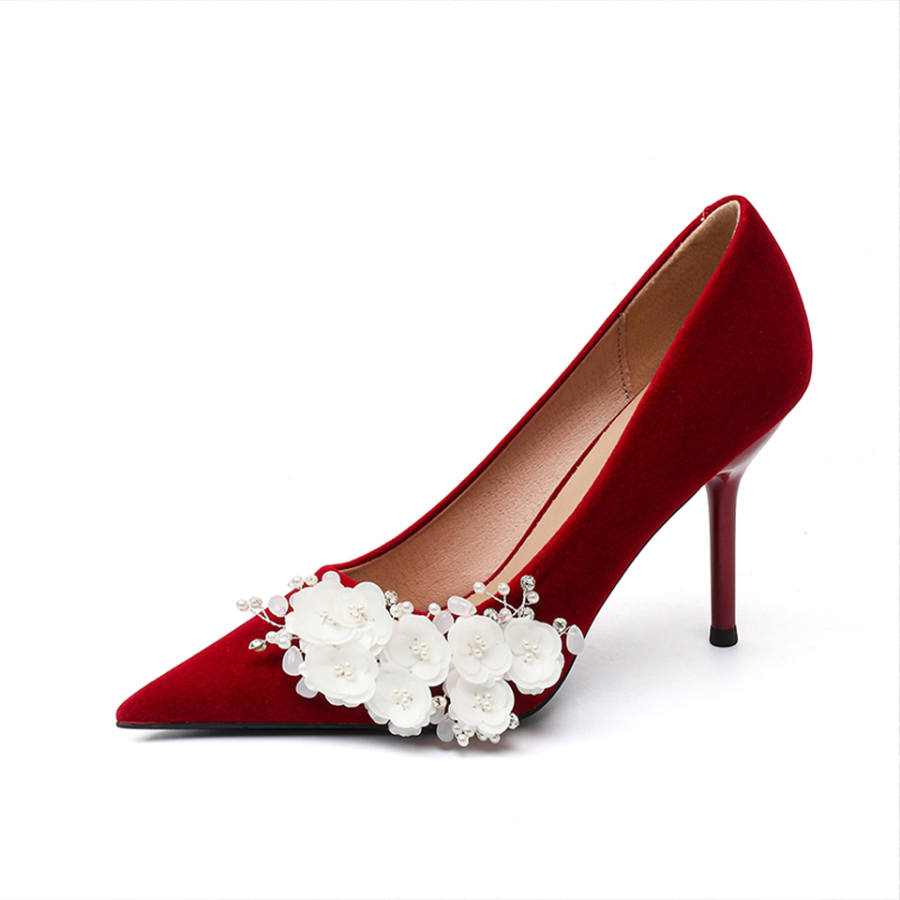 Lanza Premium Aesthetic, Floral Wedding Shoes, Chinese Style Suede Flared Heel High Heels Women's