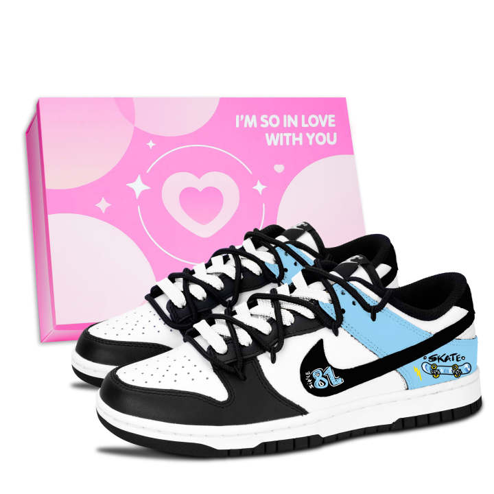 Nike Nike Dunk Black White, Light Blue Board Style Abrasion Resistant Low top Skateboard Shoes Unisex Blue