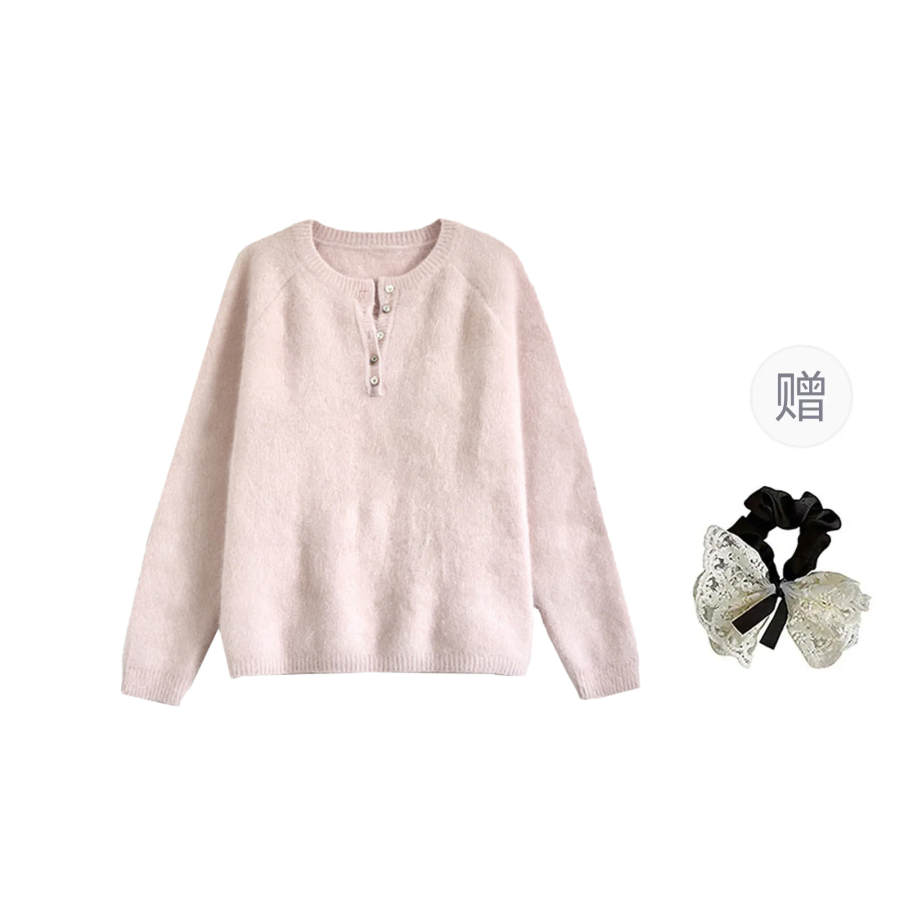CPAURA Knitwear Women's Pink+Hair Tie Comes With Crew Neck Moderate Base Layer
