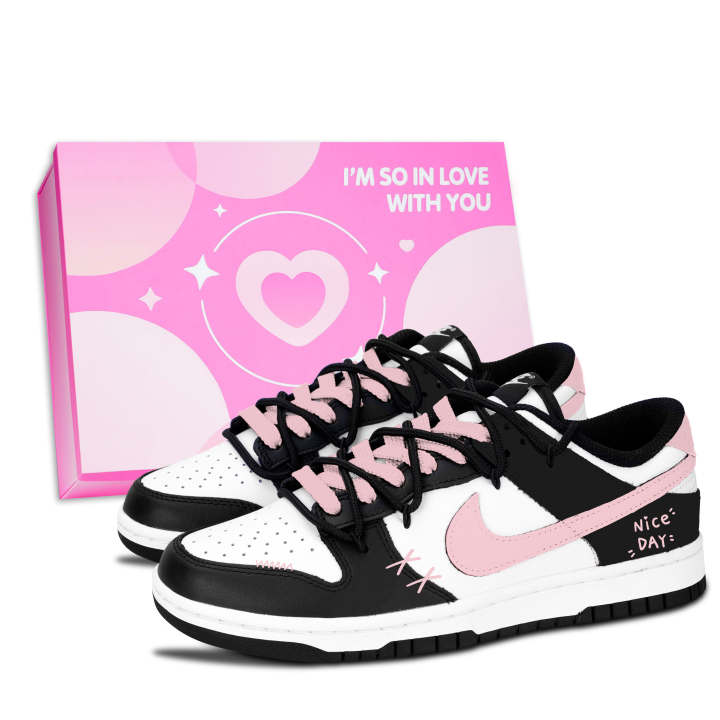 Nike Nike Dunk Black White, Pink Sweet Day Leather Slip Resistant, Abrasion Resistant, Lightweight Cushioning