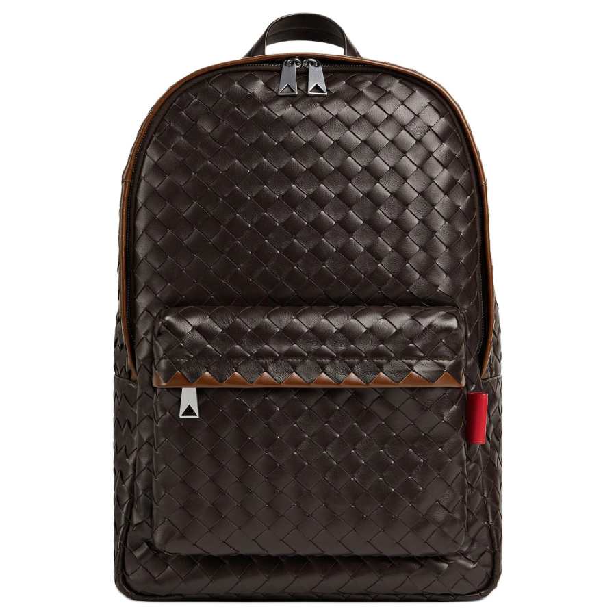 Bottega Veneta Intrecciato Cow Leather Backpack Regular Unisex Chocolate Brown With Hazelnut Color Scarlet