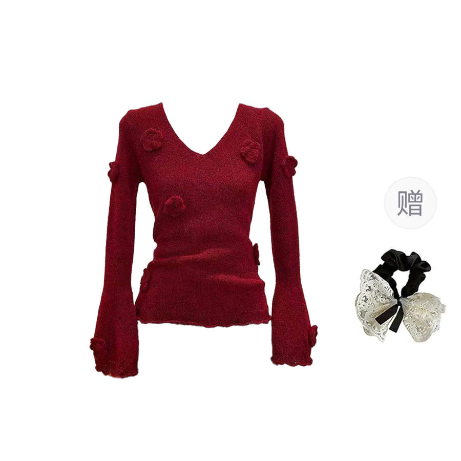 CPAURA Knitwear Women's Red Comes With Hair Tie V Neck Moderate Base Layer