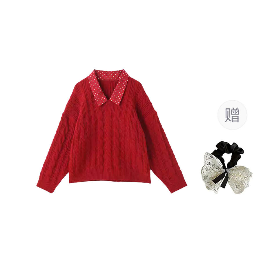CPAURA Knitwear Women's Image Color+Hair Tie Included Polo Collar Moderate Base Layer