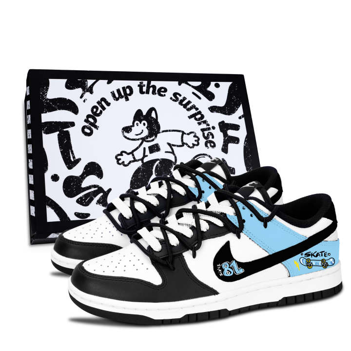 Nike Nike Dunk Black White, Light Blue Board Style Abrasion Resistant Low top Skateboard Shoes Unisex Blue
