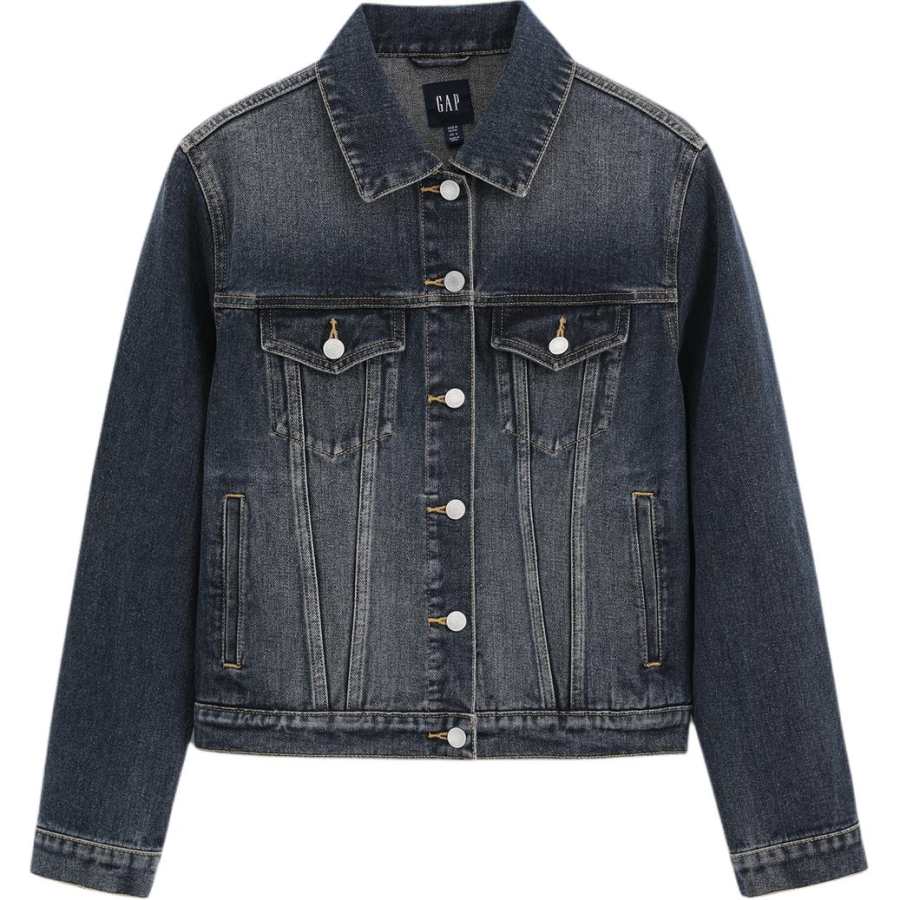 GAP Denim Jackets Women's Dark Color Washed Lapel Moderate Straight Fit