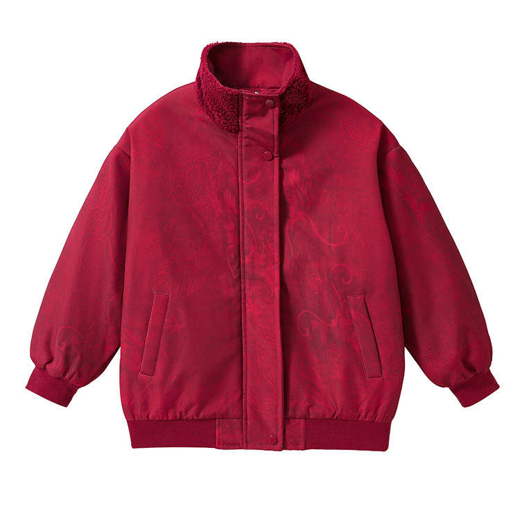 PROTECTCAMEL Padded Jacket Kids' Apparel Boys Red Winter New Year Outfit Thickened Kids' Hooded Coat Fleece Lined