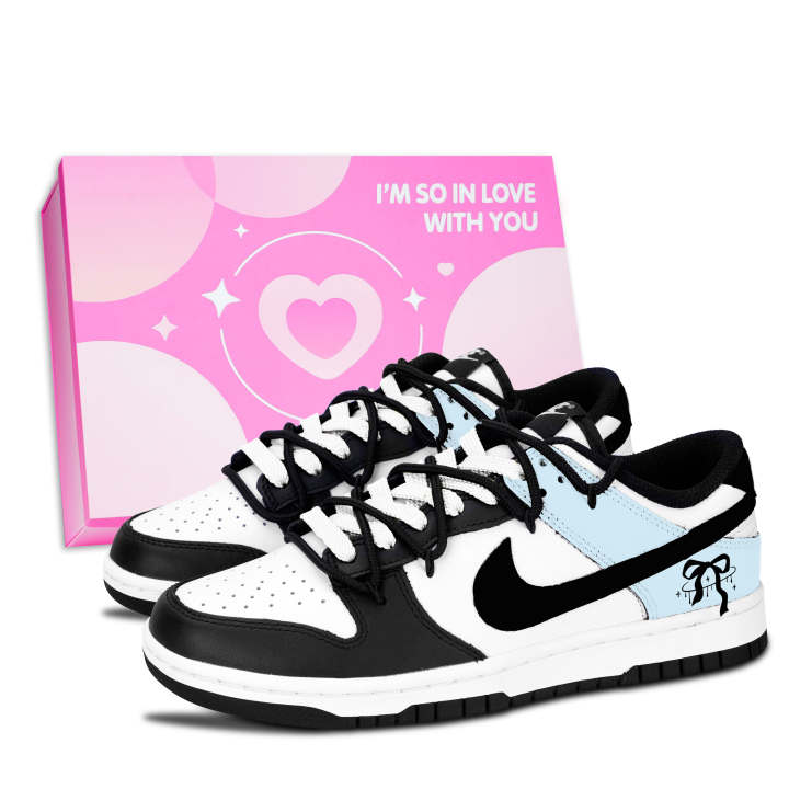 Nike Nike Dunk Black White, Soft Blue Butterfly Knot Leather Slip Resistant Abrasion Resistant