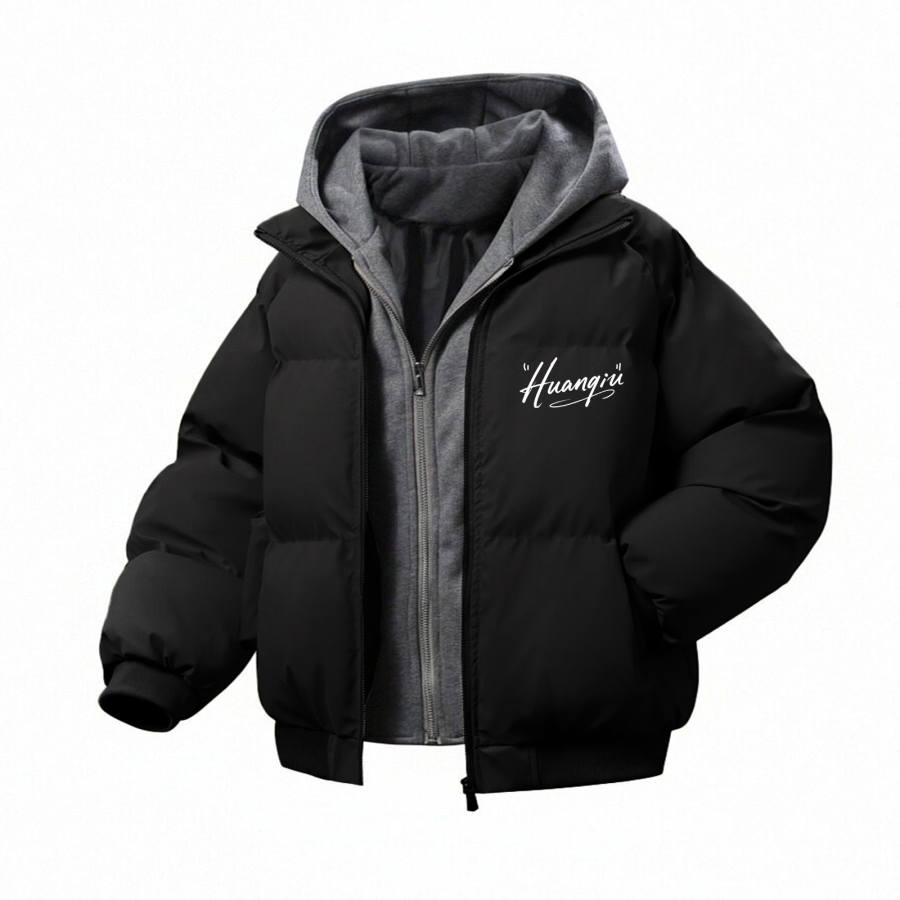 HUANQIU Puffer Jackets Unisex Hooded Thickened Mock Two Piece Puffer Jacket