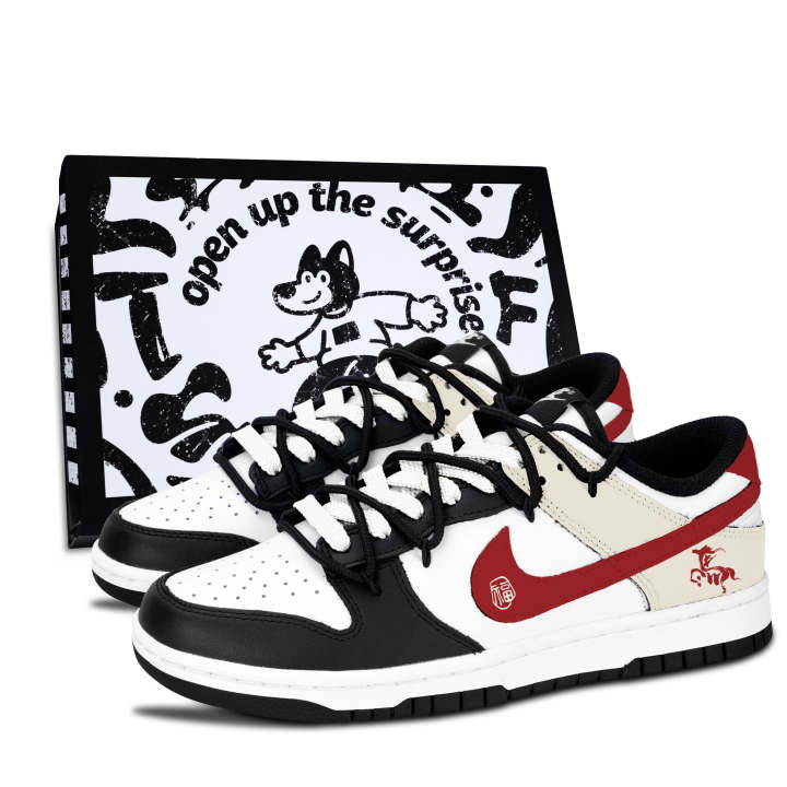 Nike Nike Dunk Black White, Red Fu Jun Chao Abrasion Resistant Abrasion Resistant Low top Skateboard Shoes Unisex Red