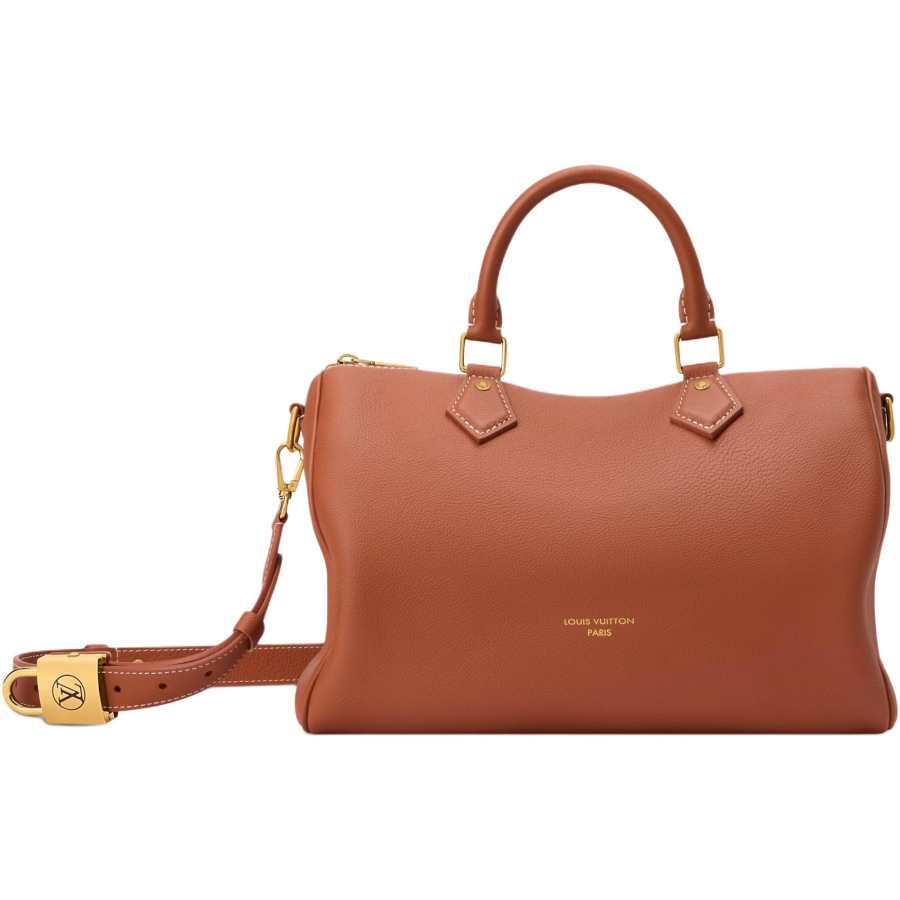 LOUIS VUITTON SPEEDY SOFT Grained Calfskin Travel Bag Women's Cognac Brown