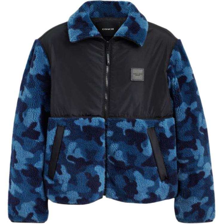 COACH COACH Puffer Jackets Men's Blue Camouflage Lapel Moderate Puffer Jacket