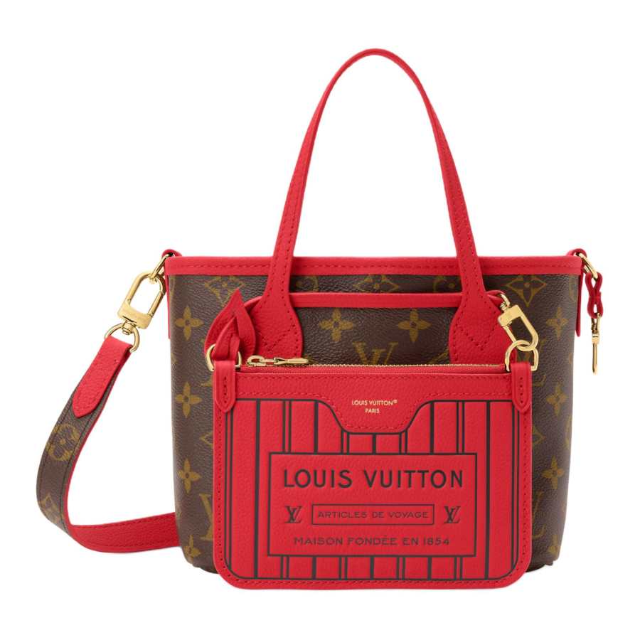 LOUIS VUITTON NEVERFULL Grain Cow Leather With Coated Canvas Tote One Shoulder Handbag Small Women's Brown & Red