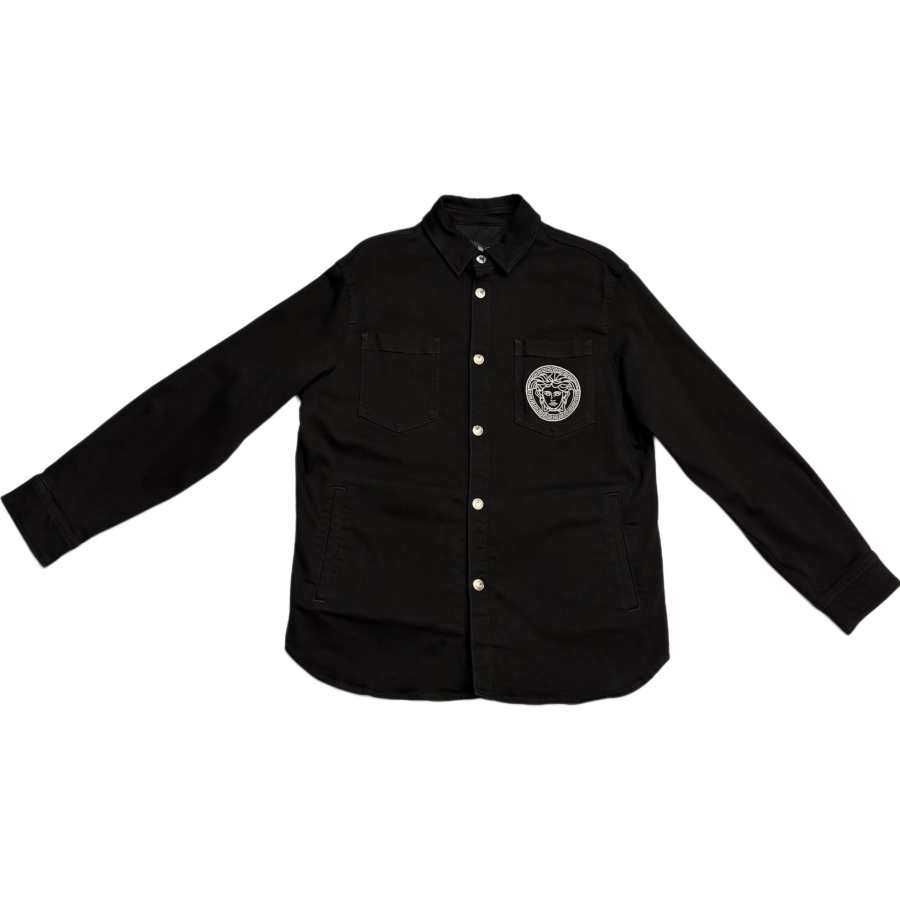 VERSACE Denim Jackets Men's Black Lapel Moderate Straight Fit
