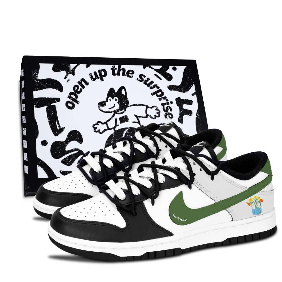 Nike Nike Dunk Black White, Green Bloom Abrasion Resistant Slip Resistant Abrasion Resistant Slip Resistant Low top