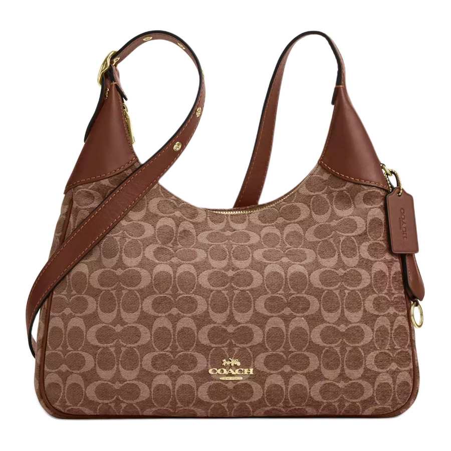 COACH Ella Velvet With Smooth Leather Shoulder Bag, Crossbody Bag Large Women's Gold & Light Khaki & Vintage Brown