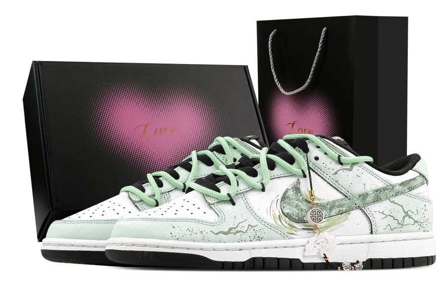 Nike Nike Dunk Ink Painting Green Fan 1 Heart Box Slip Resistant Abrasion Resistant Low top Skateboard Shoes Unisex