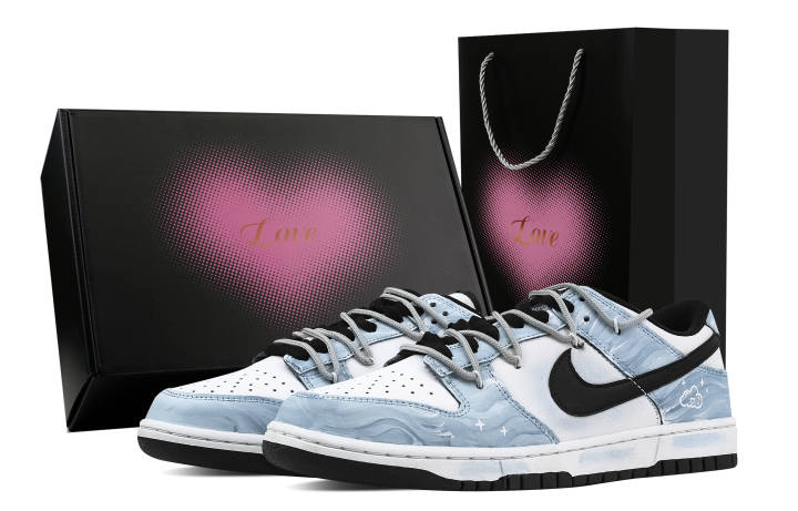 Nike Nike Dunk Light Blue Wave Heart Box Slip Resistant Abrasion Resistant Low top Skateboard Shoes Unisex Blue White